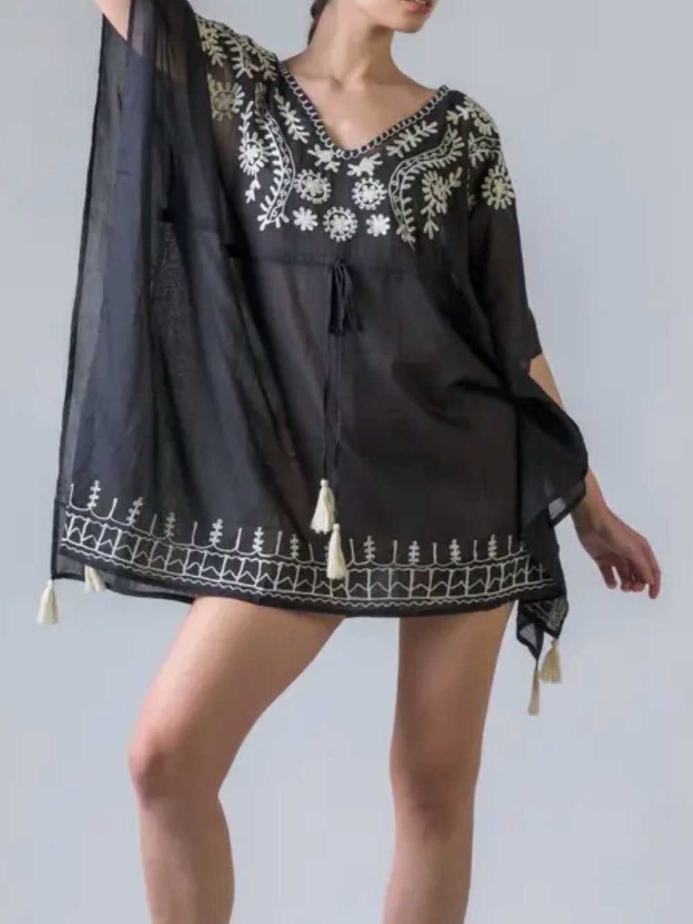Rhea Tie Waist Embroidered Short Kaftan. One Size